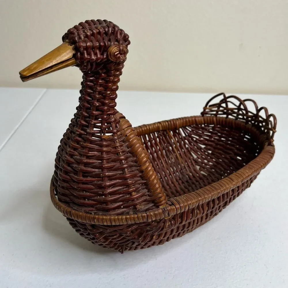 Vintage Brown Rattan Wicker Duck Basket Woven Wood Bird Farmhouse Decor Boho
